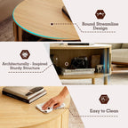 Round Coffee Table, Mid-Century Modern Storage Cabinet, Light Oak Finish, Sliding Doors
