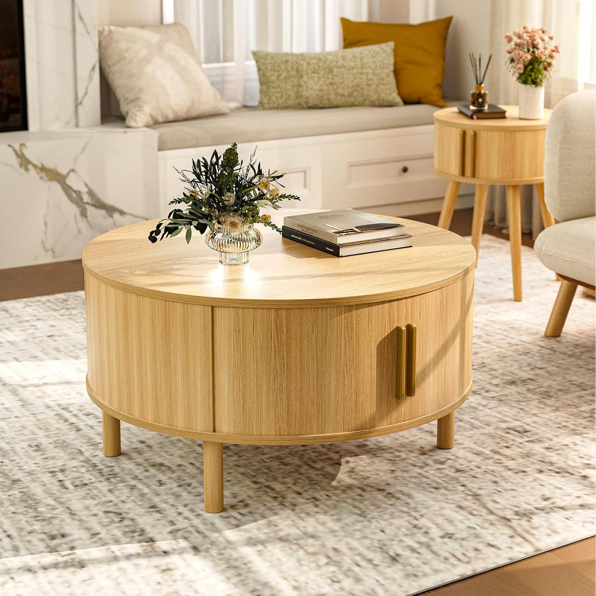 Round Coffee Table, Mid-Century Modern Storage Cabinet, Light Oak Finish, Sliding Doors