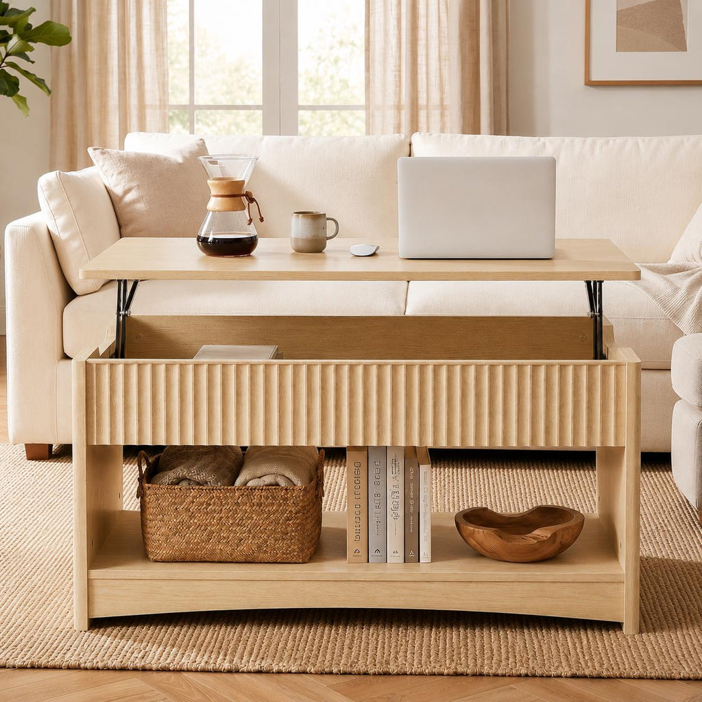 Lift Top Coffee Table with Hidden Storage, Modern Fluted Oak/Grey Finish