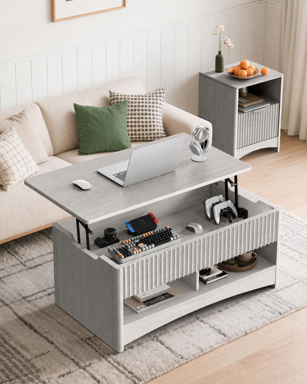 Lift Top Coffee Table with Hidden Storage, Modern Fluted Oak/Grey Finish