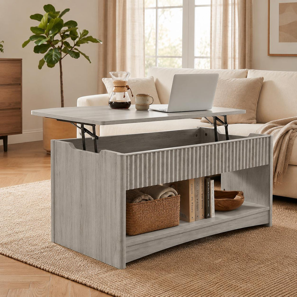 Lift Top Coffee Table with Hidden Storage, Modern Fluted Oak/Grey Finish