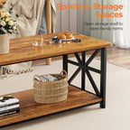 Farmhouse Coffee Table, Rustic Wood Grain, X-Frame Storage Shelf, Rounded Corners