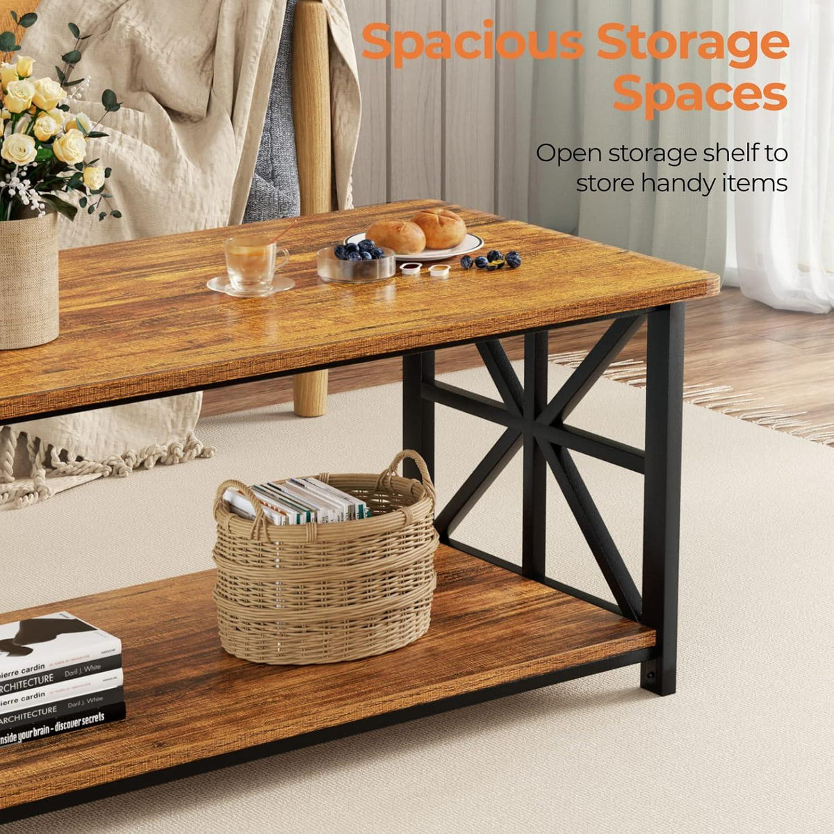 Farmhouse Coffee Table, Rustic Wood Grain, X-Frame Storage Shelf, Rounded Corners