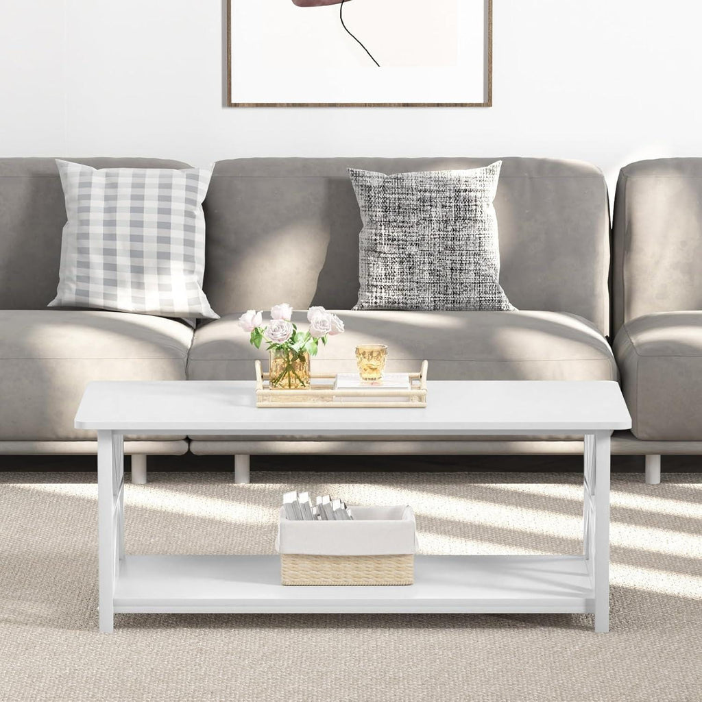 Modern Industrial Coffee Table, Black Metal Frame, X-Frame Shelf, Rounded Corners