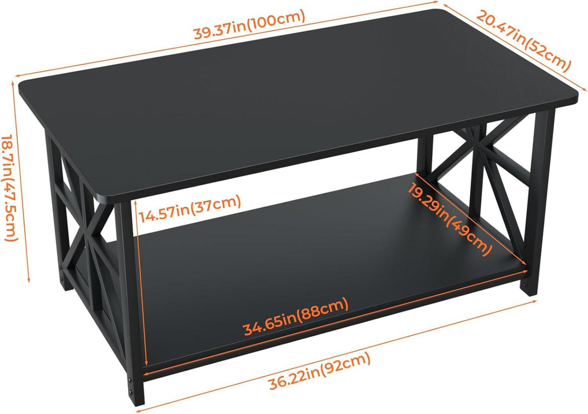 Modern Industrial Coffee Table, Black Metal Frame, X-Frame Shelf, Rounded Corners