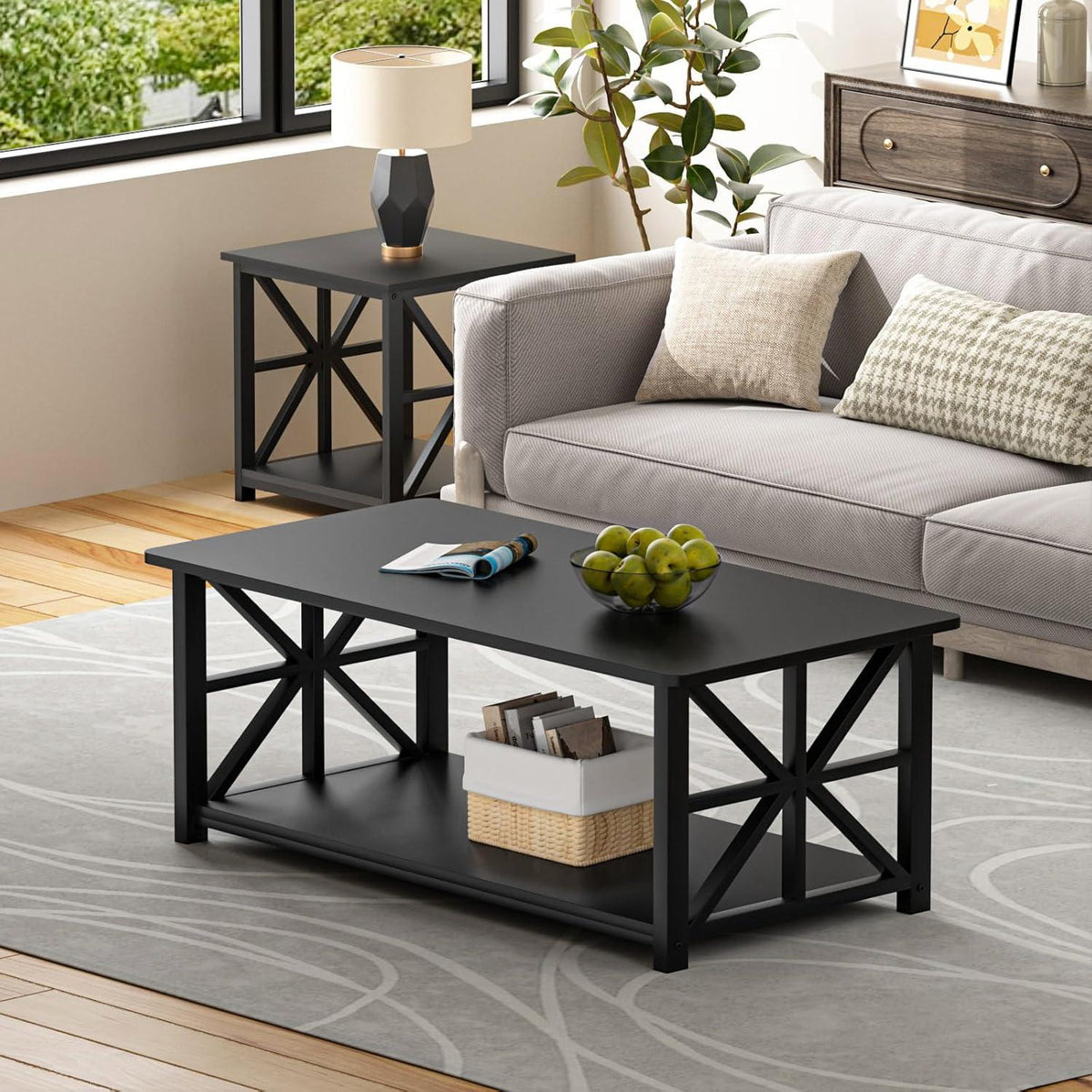Modern Industrial Coffee Table, Black Metal Frame, X-Frame Shelf, Rounded Corners