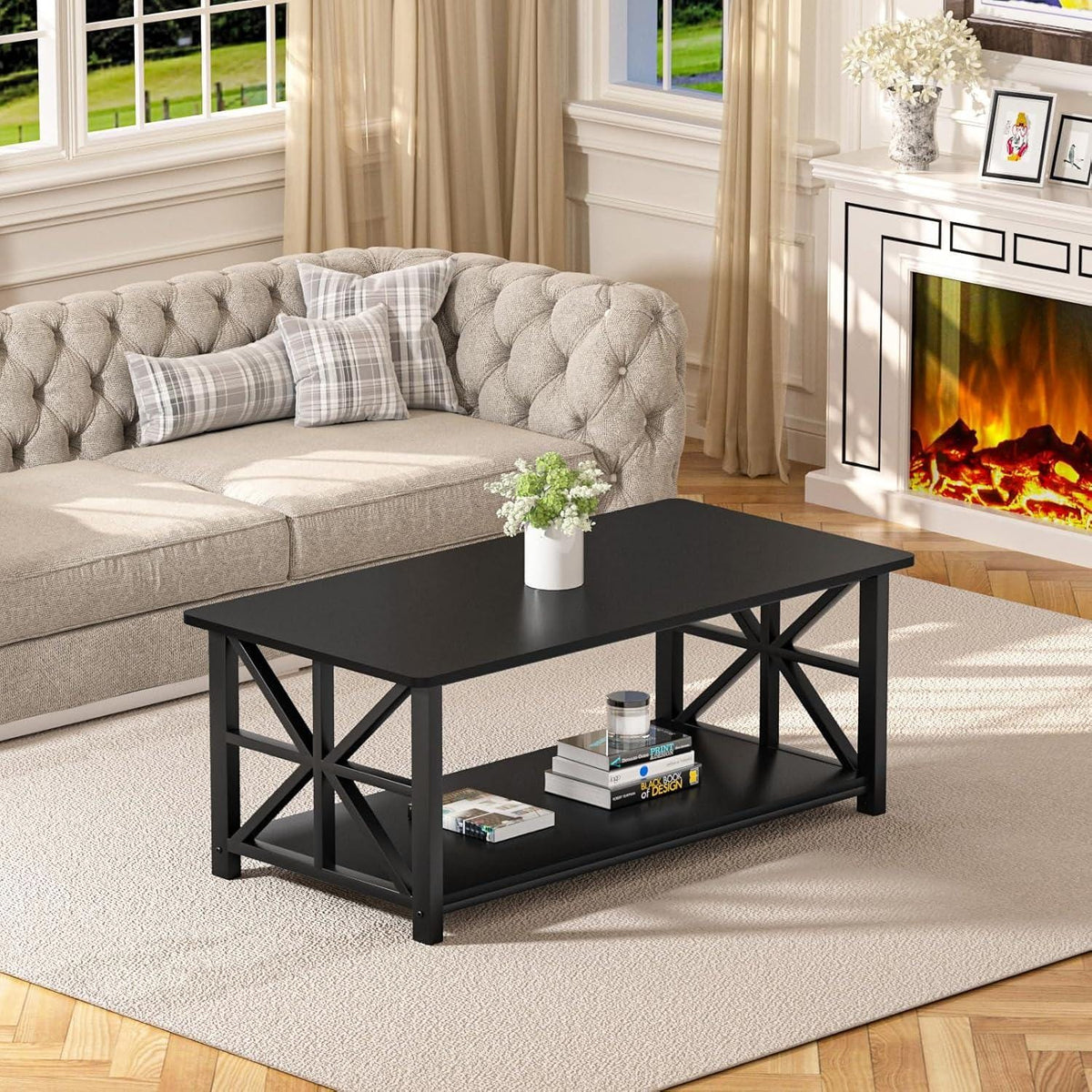 Modern Industrial Coffee Table, Black Metal Frame, X-Frame Shelf, Rounded Corners
