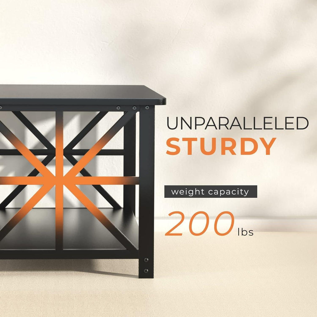 Modern Industrial Coffee Table, Black Metal Frame, X-Frame Shelf, Rounded Corners