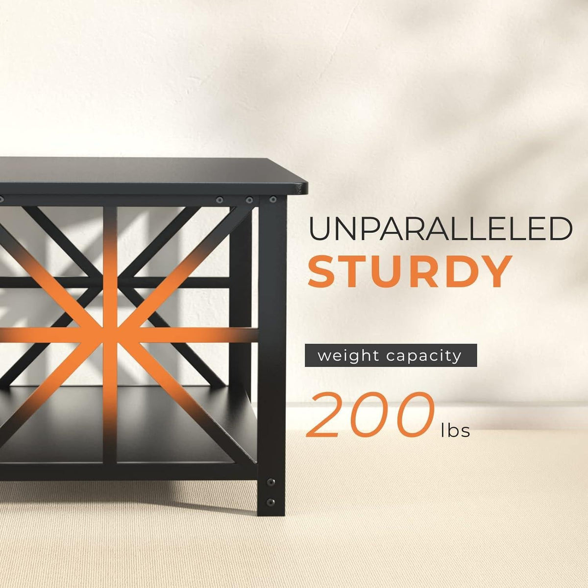 Modern Industrial Coffee Table, Black Metal Frame, X-Frame Shelf, Rounded Corners