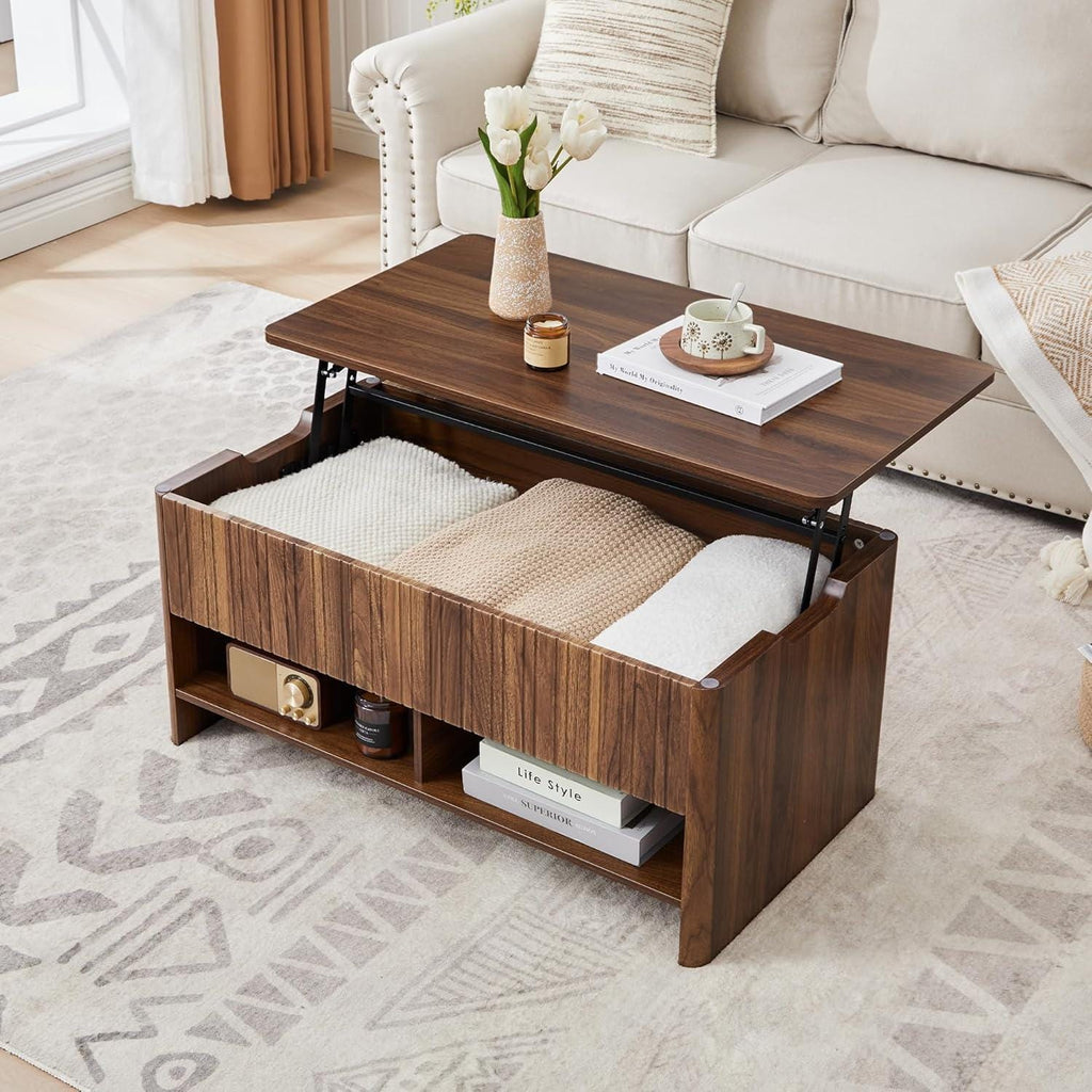 Mid-Century Fluted Lift-Top Coffee Table with Hidden Storage, Small Space Furniture