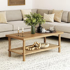 Bohemian Coffee Table with Seagrass Shelf, Solid Wood Legs, 2-Tier Storage