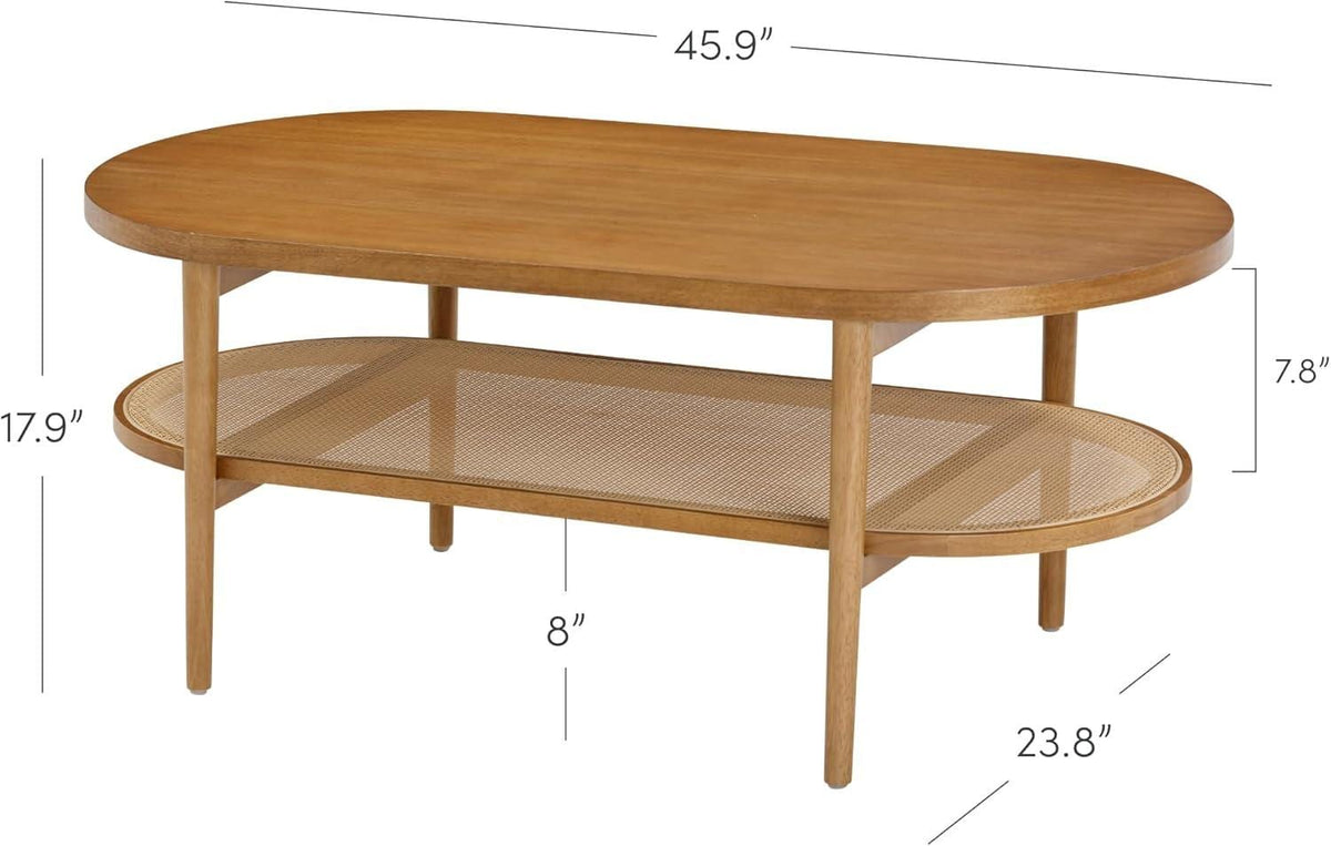 Bohemian Coffee Table with Seagrass Shelf, Solid Wood Legs, 2-Tier Storage