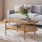 Bohemian Coffee Table with Seagrass Shelf, Solid Wood Legs, 2-Tier Storage