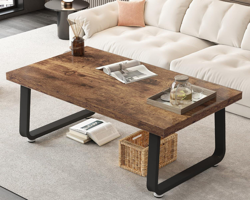 Rustic Farmhouse Coffee Table with Open Storage Shelf & Metal Legs