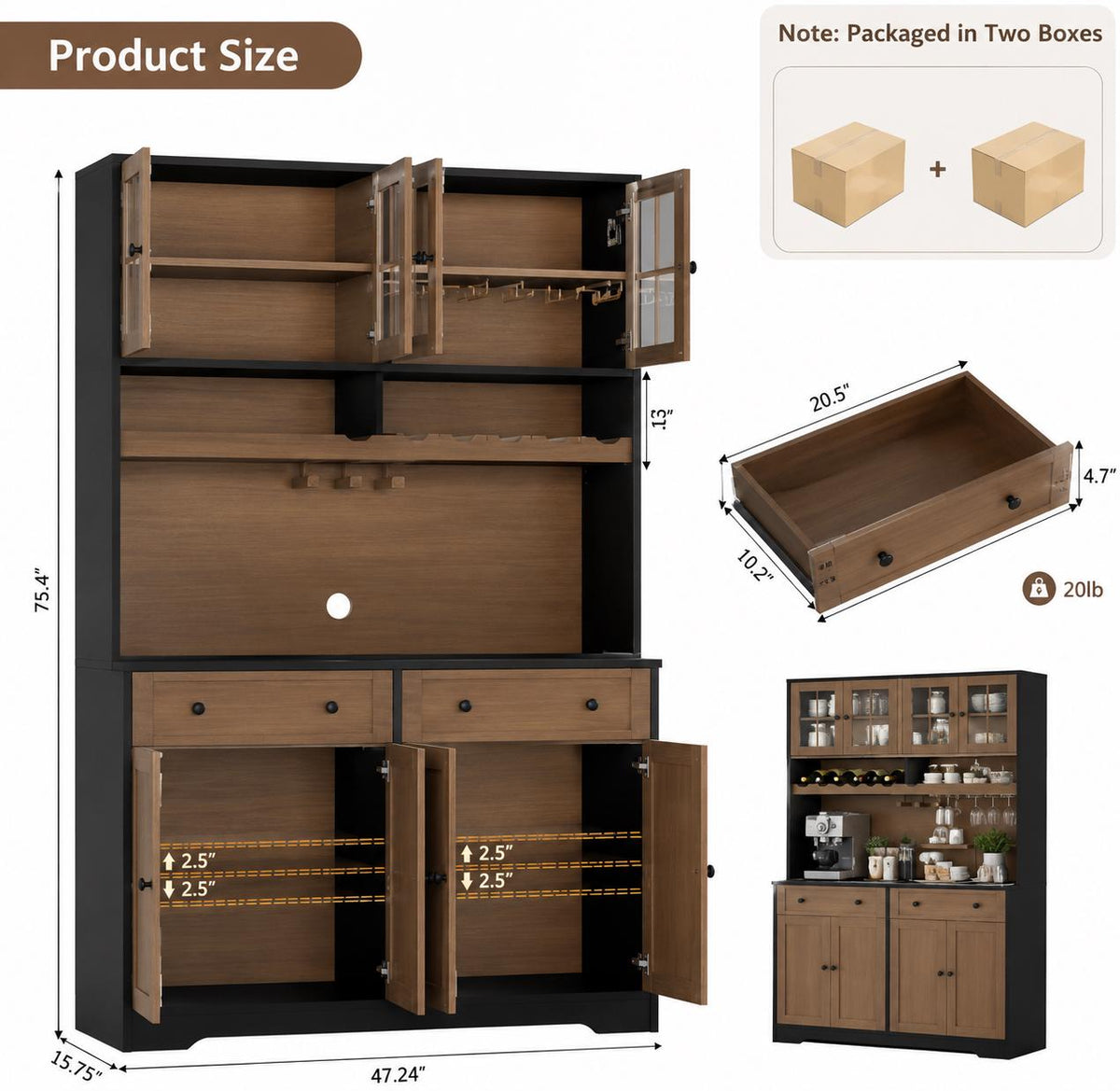 Modern White Kitchen Pantry Cabinet with Charging Station, Wine Rack, Microwave Stand