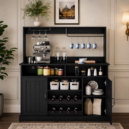47" Farmhouse Buffet Cabinet with Power Outlets, Wine Rack, Goblet Holder