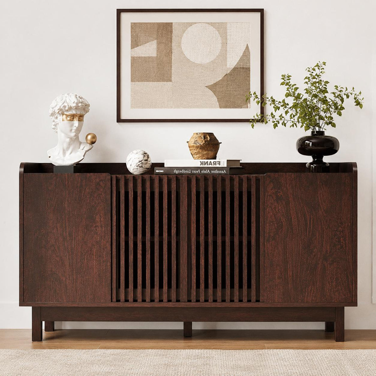 Farmhouse Buffet Cabinet, Red Walnut Storage Sideboard, Mid-Century Modern Grille Doors
