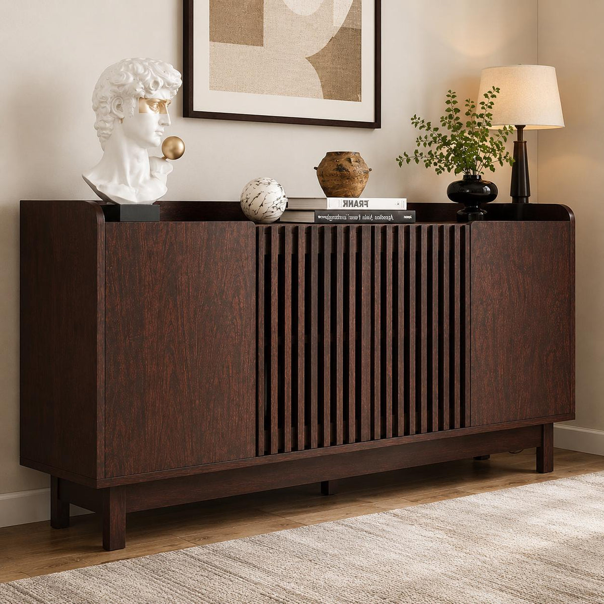 Farmhouse Buffet Cabinet, Red Walnut Storage Sideboard, Mid-Century Modern Grille Doors