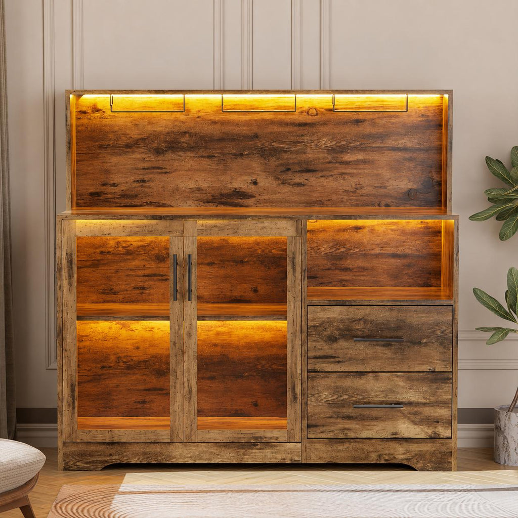Rustic Farmhouse Coffee Bar Cabinet with LED Lights, Kitchen Glass Storage Drawers