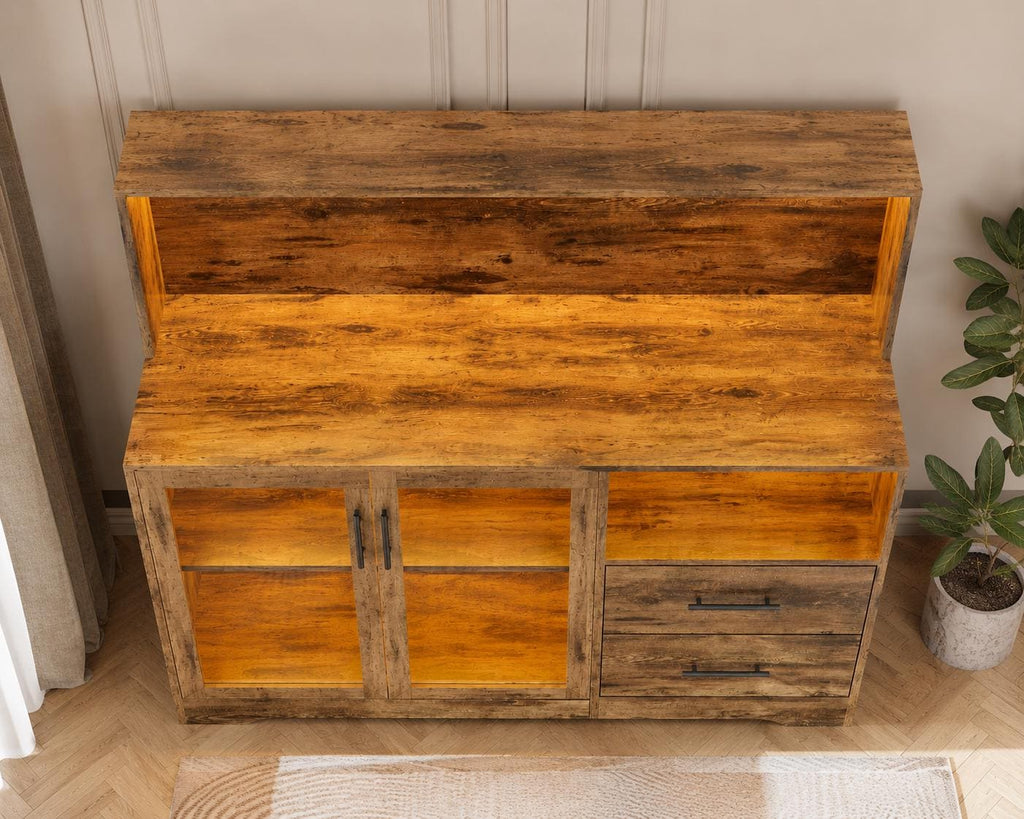 Rustic Farmhouse Coffee Bar Cabinet with LED Lights, Kitchen Glass Storage Drawers