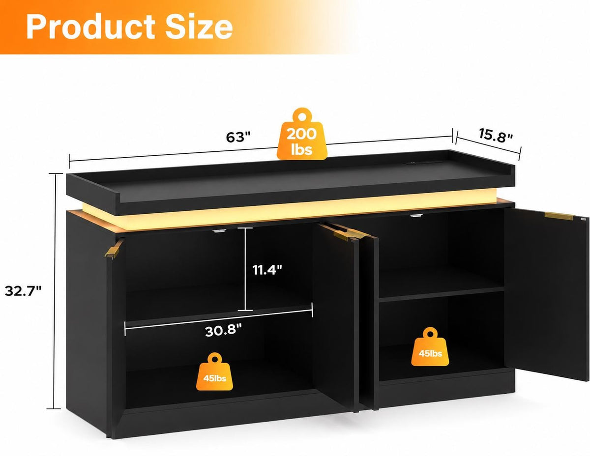 Modern Sideboard Buffet Cabinet with LED Lights and Power Outlets, 63-inch Storage Console