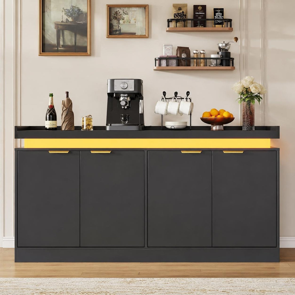 Modern Sideboard Buffet Cabinet with LED Lights and Power Outlets, 63-inch Storage Console