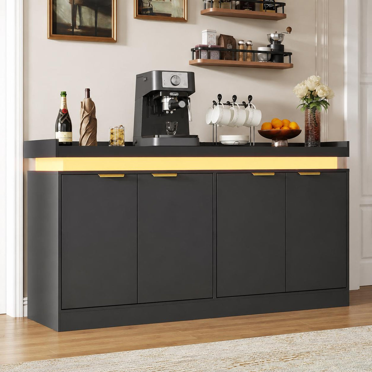 Modern Sideboard Buffet Cabinet with LED Lights and Power Outlets, 63-inch Storage Console