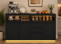 Modern Black Sideboard Buffet Cabinet with LED Lights and Power Outlet