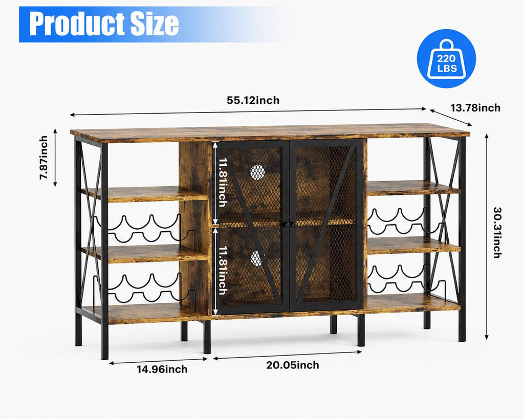 Industrial Coffee Bar Cabinet with LED Lights, Rustic Buffet Storage Sideboard