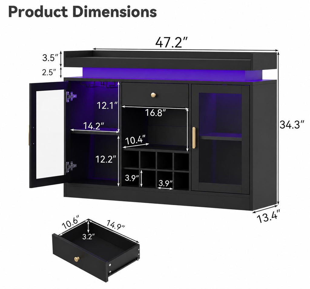Modern Black LED Wine Bar Cabinet, Glass Doors, Bottle Racks, Stemware Holder, Liquor Storage