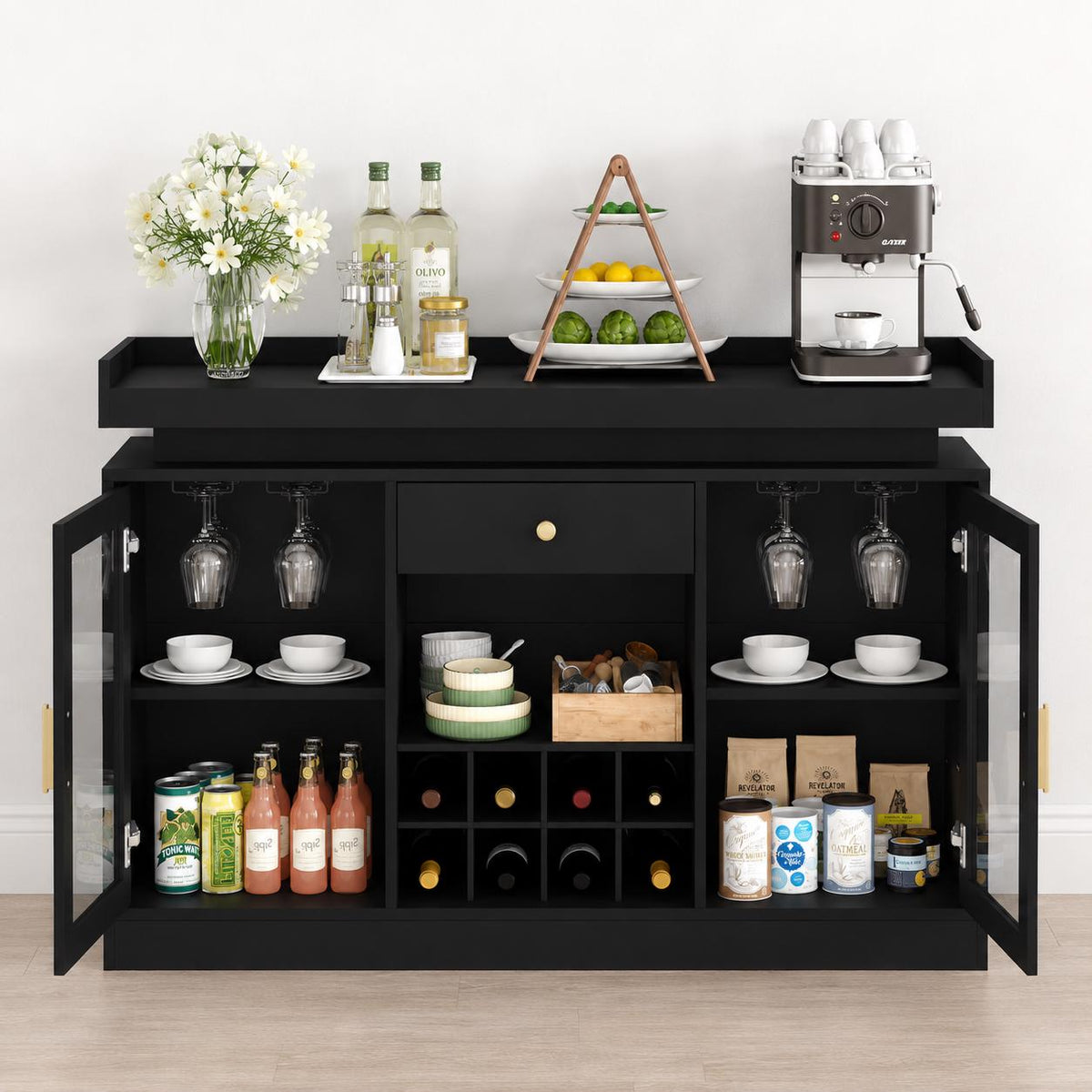 Modern Black LED Wine Bar Cabinet, Glass Doors, Bottle Racks, Stemware Holder, Liquor Storage