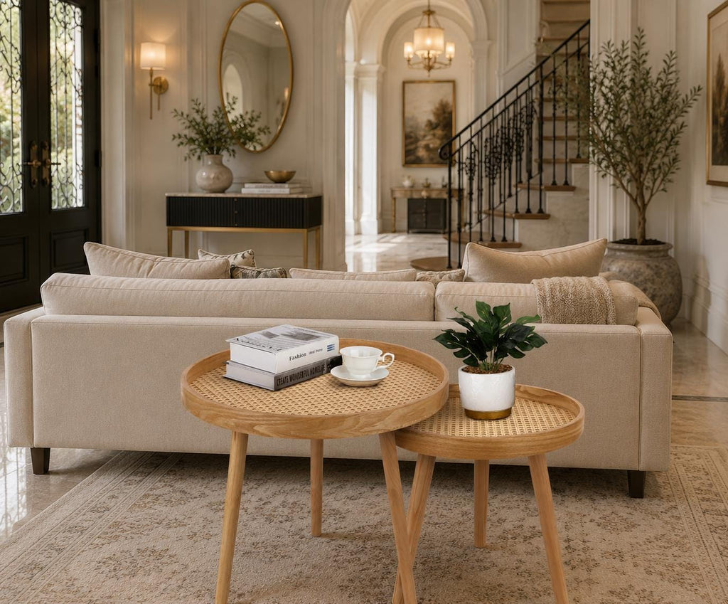 Nesting Rattan Coffee Table Set, Mid Century Cane Wicker Accent Tables