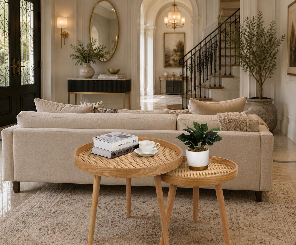 Nesting Rattan Coffee Table Set, Mid Century Cane Wicker Accent Tables