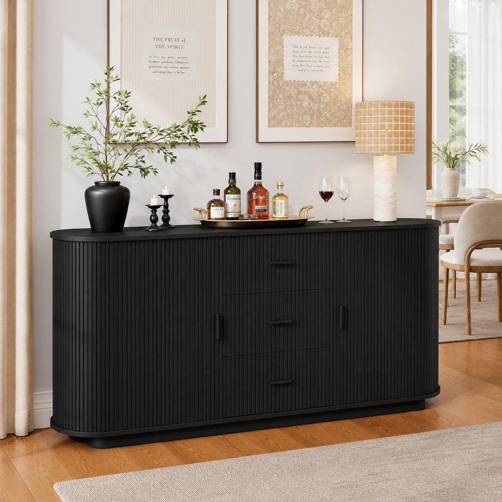 63" Fluted Sideboard Cabinet, Mid-Century Modern Coffee Bar Buffet Storage
