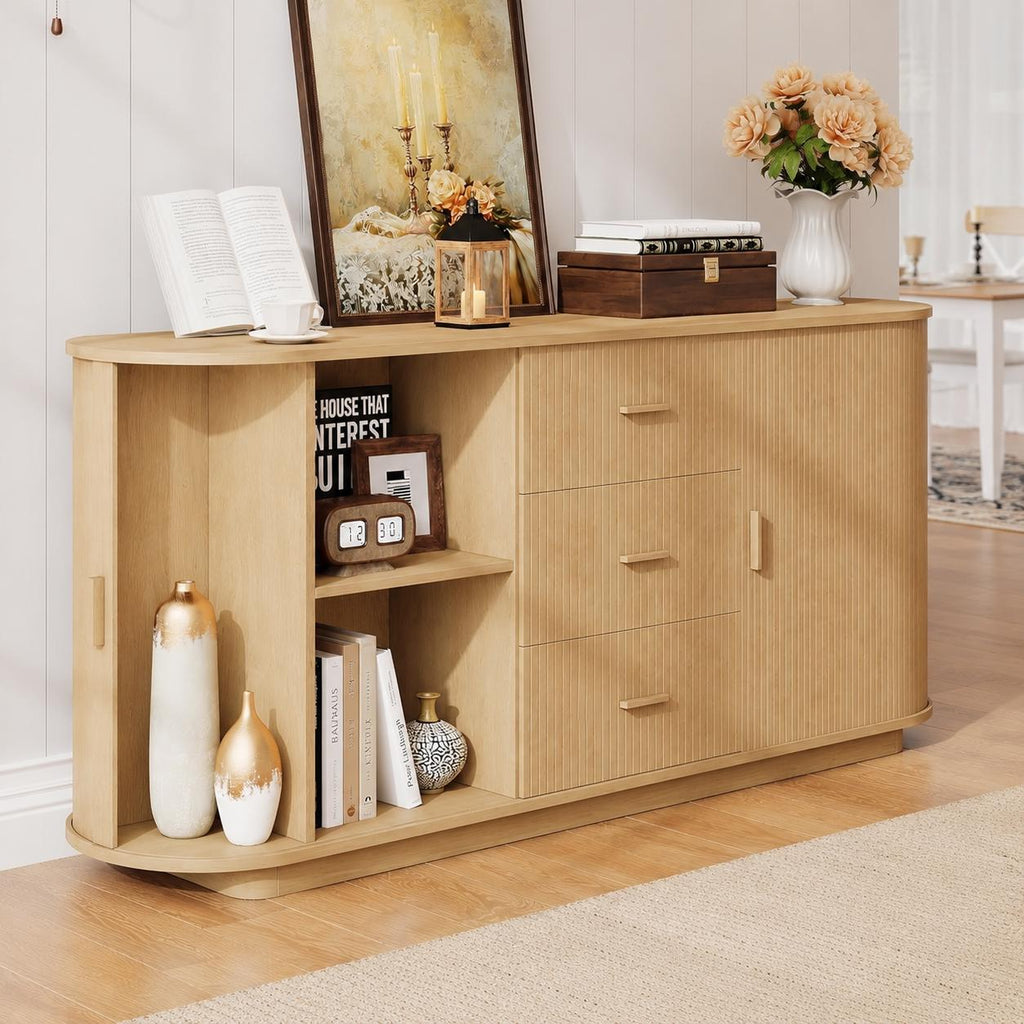 63" Fluted Sideboard Cabinet, Mid-Century Modern Coffee Bar Buffet Storage