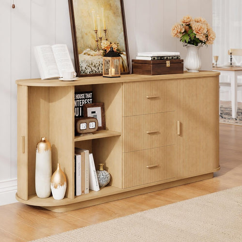 63" Fluted Sideboard Cabinet, Mid-Century Modern Coffee Bar Buffet Storage