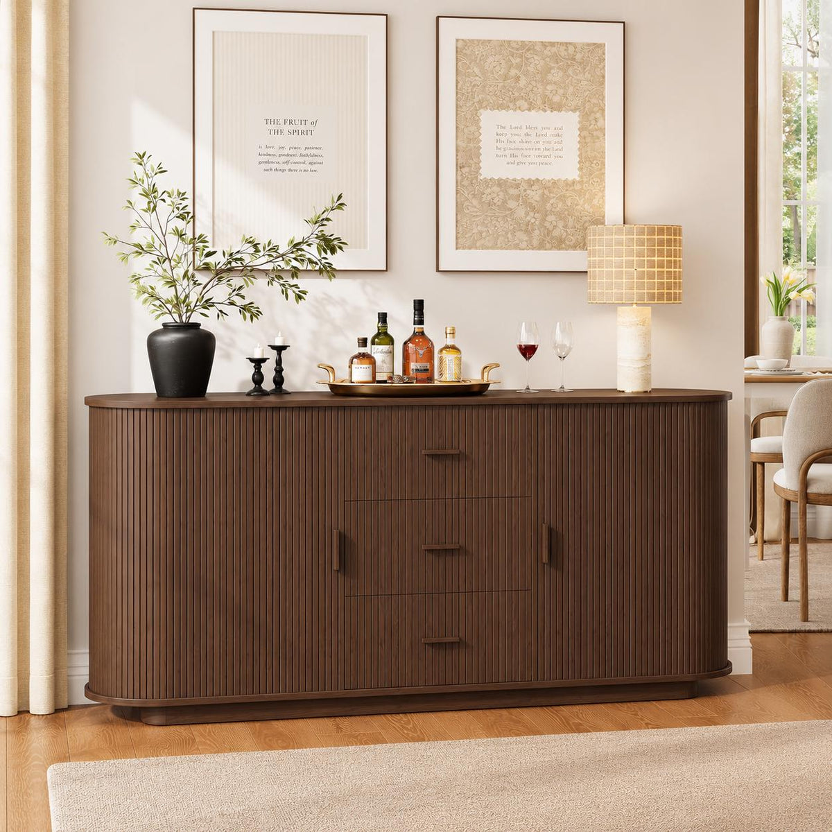 63" Fluted Sideboard Cabinet, Mid-Century Modern Coffee Bar Buffet Storage