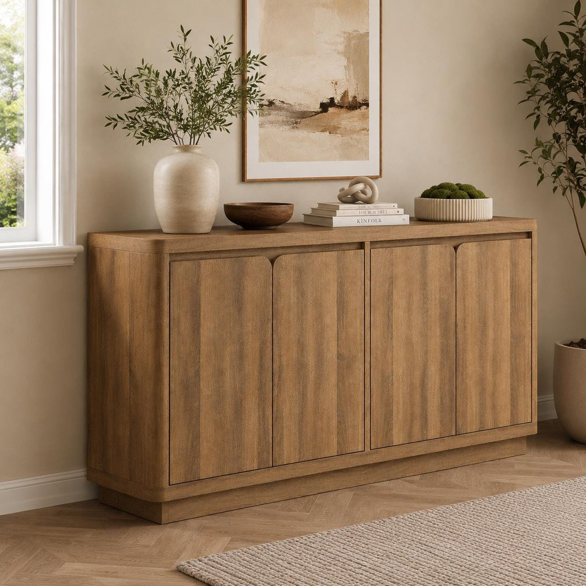 Knoworld 63" Buffet Cabinet with Storage & Power Outlet – Modern Wood Sideboard Credenza with Double-Arc Doors