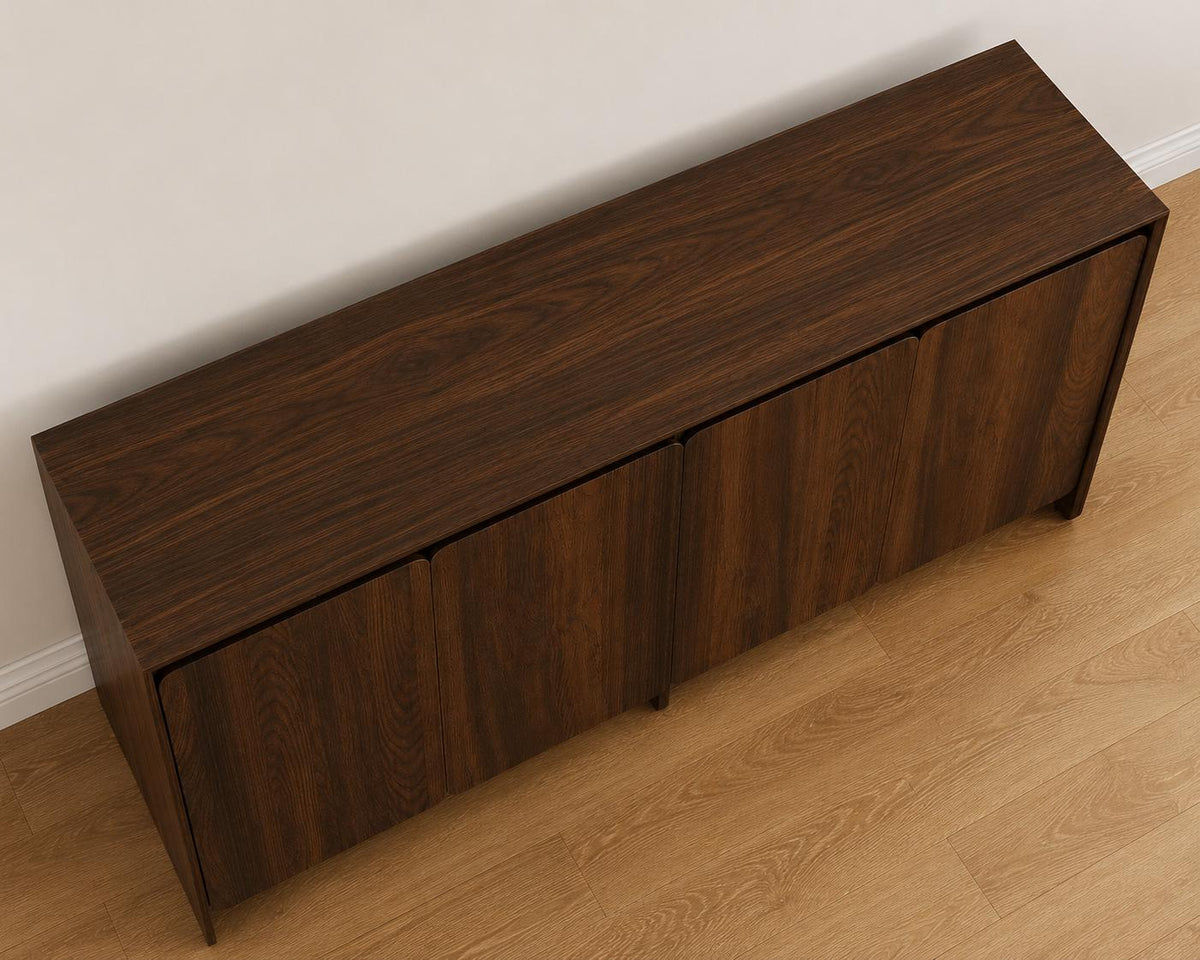 Luxury Modern Buffet Sideboard Cabinet with 4 Doors & Adjustable Shelves – Dark Wood Storage Cabinet for Living Room  Dining Area