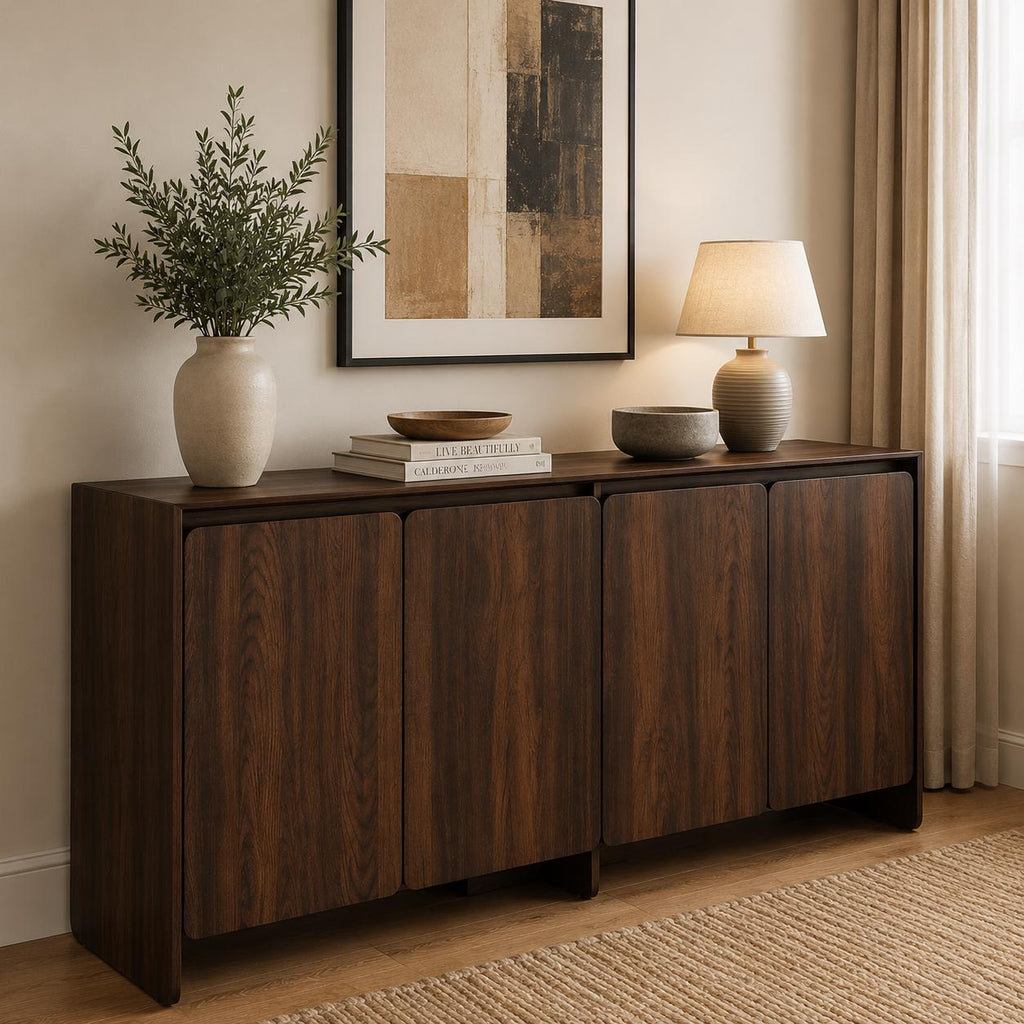 Luxury Modern Buffet Sideboard Cabinet with 4 Doors & Adjustable Shelves – Dark Wood Storage Cabinet for Living Room  Dining Area