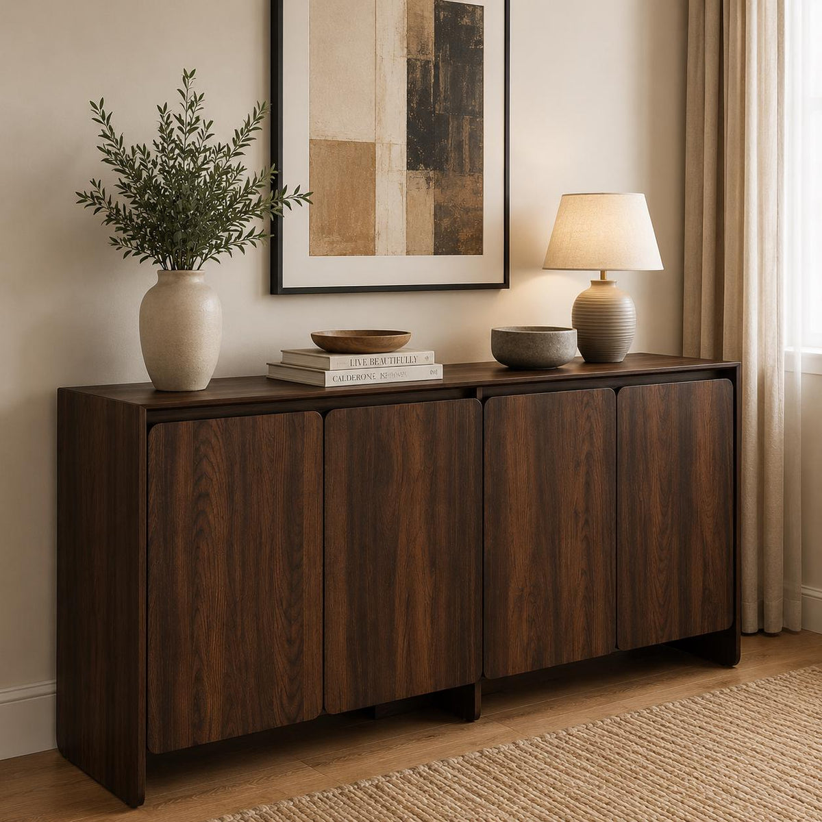 Luxury Modern Buffet Sideboard Cabinet with 4 Doors & Adjustable Shelves – Dark Wood Storage Cabinet for Living Room  Dining Area