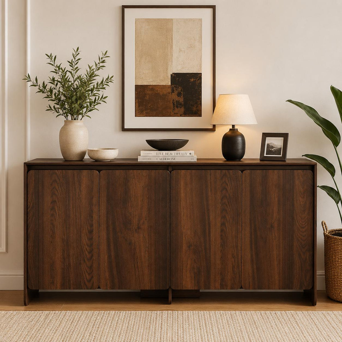 Luxury Modern Buffet Sideboard Cabinet with 4 Doors & Adjustable Shelves – Dark Wood Storage Cabinet for Living Room  Dining Area