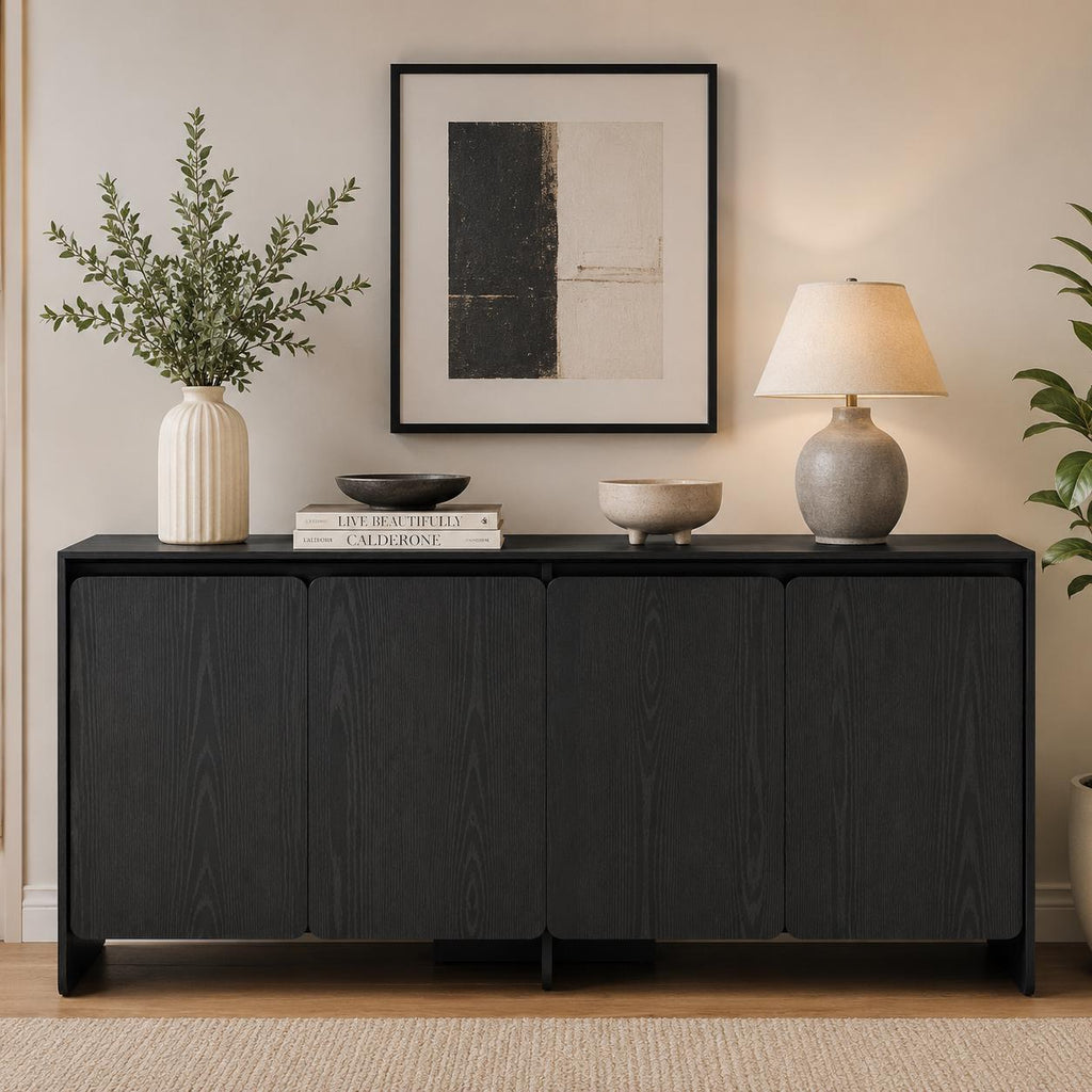 Luxury Modern Buffet Sideboard Cabinet with 4 Doors & Adjustable Shelves – Dark Wood Storage Cabinet for Living Room  Dining Area