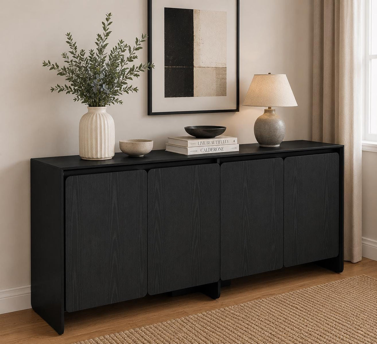 Luxury Modern Buffet Sideboard Cabinet with 4 Doors & Adjustable Shelves – Dark Wood Storage Cabinet for Living Room  Dining Area