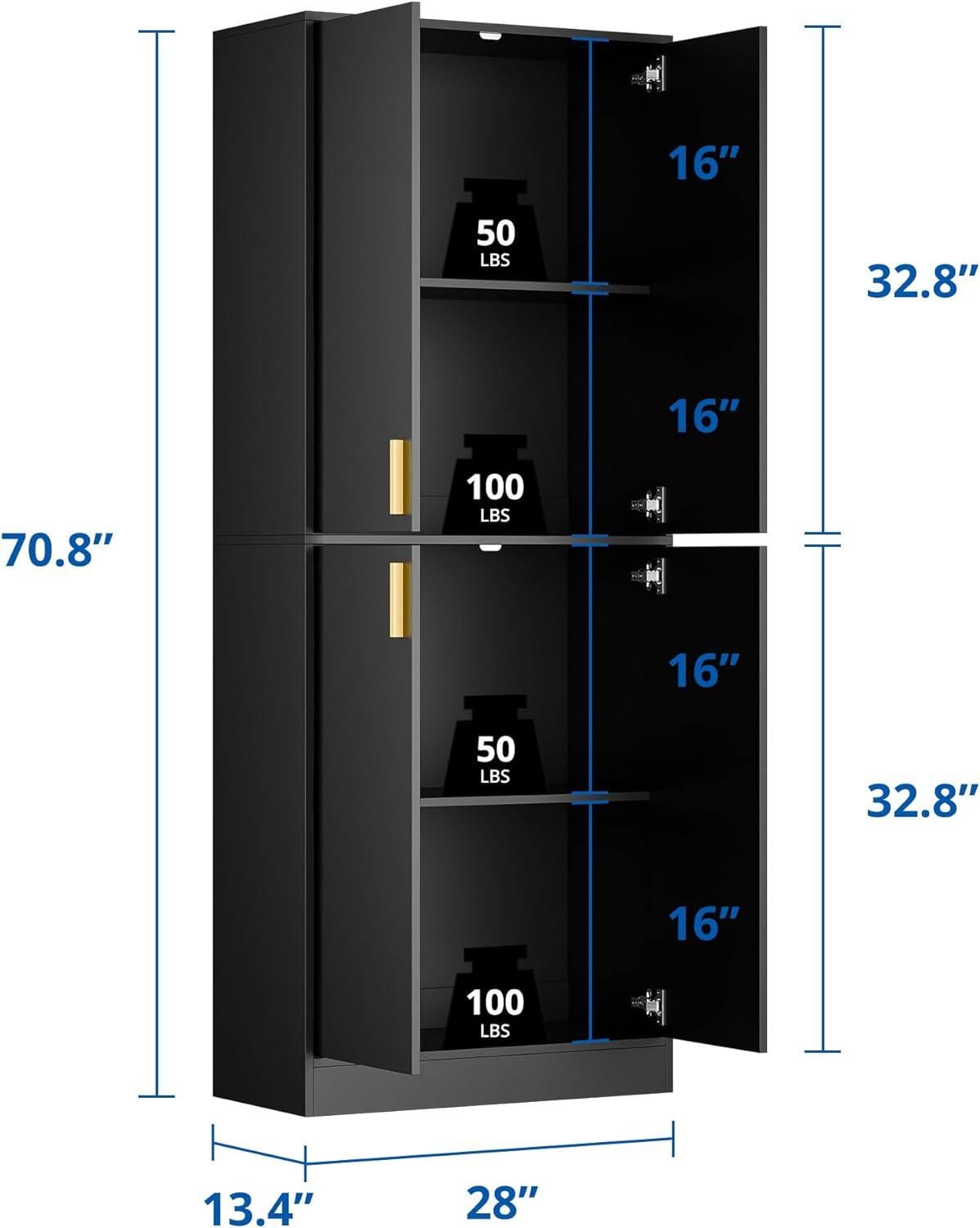 Tall Black Storage Cabinet, Modern Minimalist Freestanding Cupboard, Adjustable Shelves