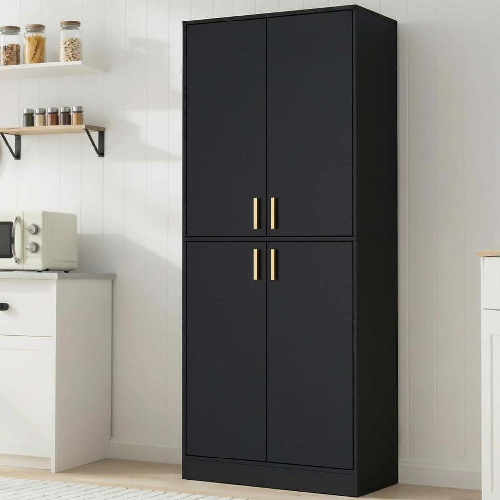Tall Black Storage Cabinet, Modern Minimalist Freestanding Cupboard, Adjustable Shelves