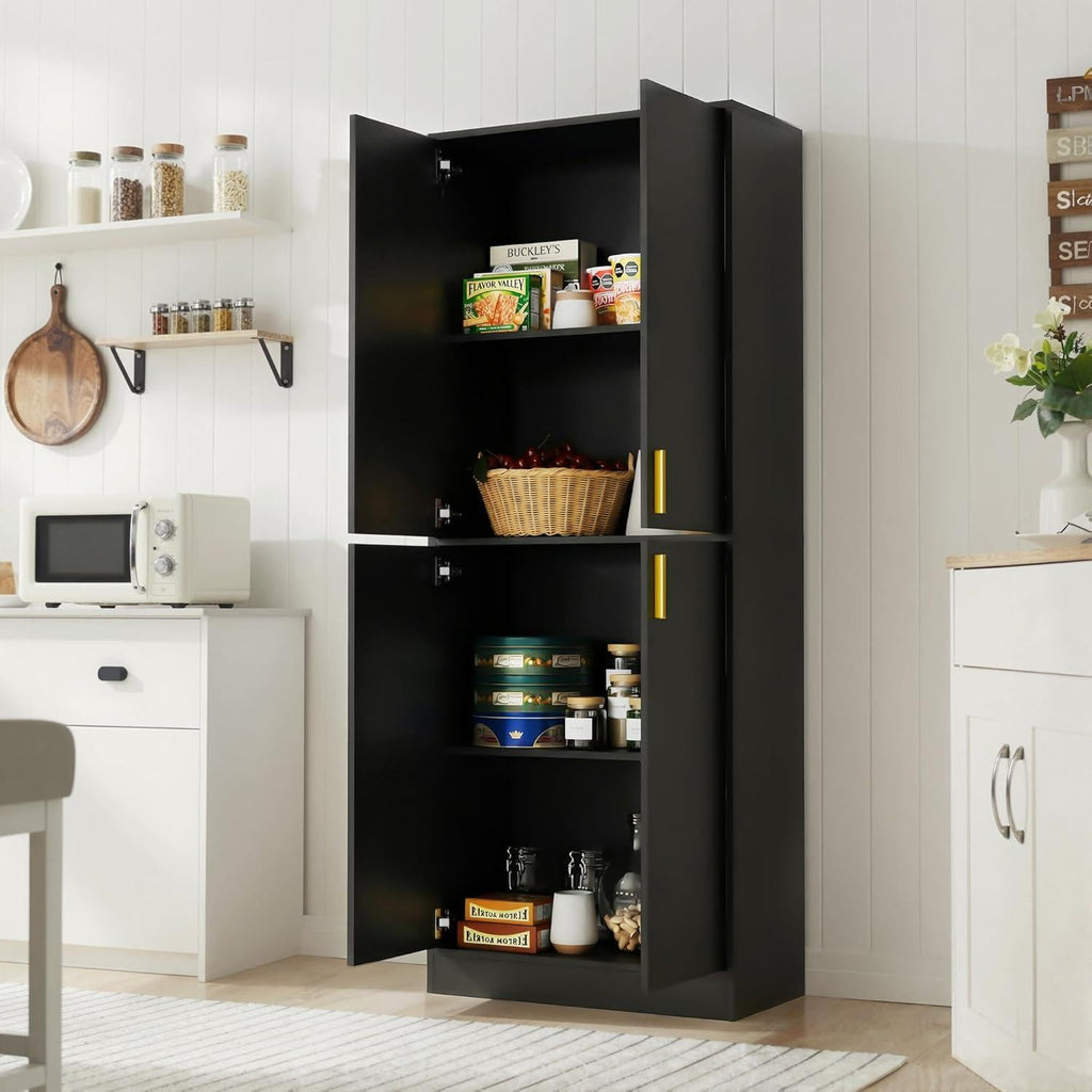 Tall Black Storage Cabinet, Modern Minimalist Freestanding Cupboard, Adjustable Shelves