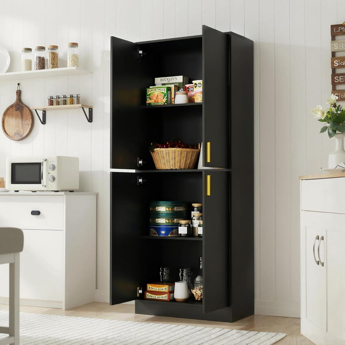 Tall Black Storage Cabinet, Modern Minimalist Freestanding Cupboard, Adjustable Shelves