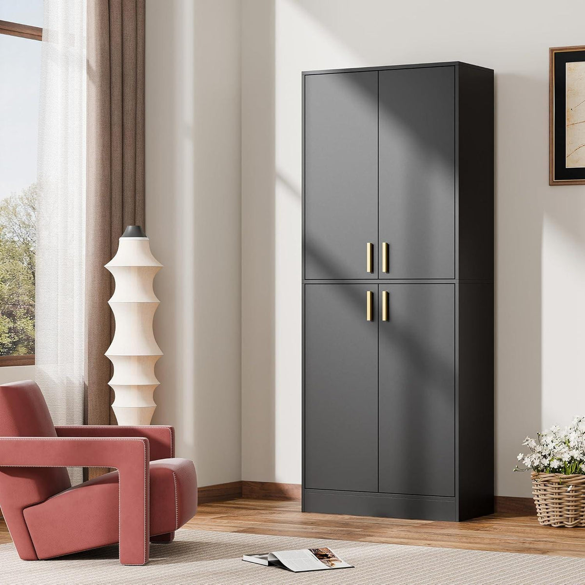 Tall Black Storage Cabinet, Modern Minimalist Freestanding Cupboard, Adjustable Shelves