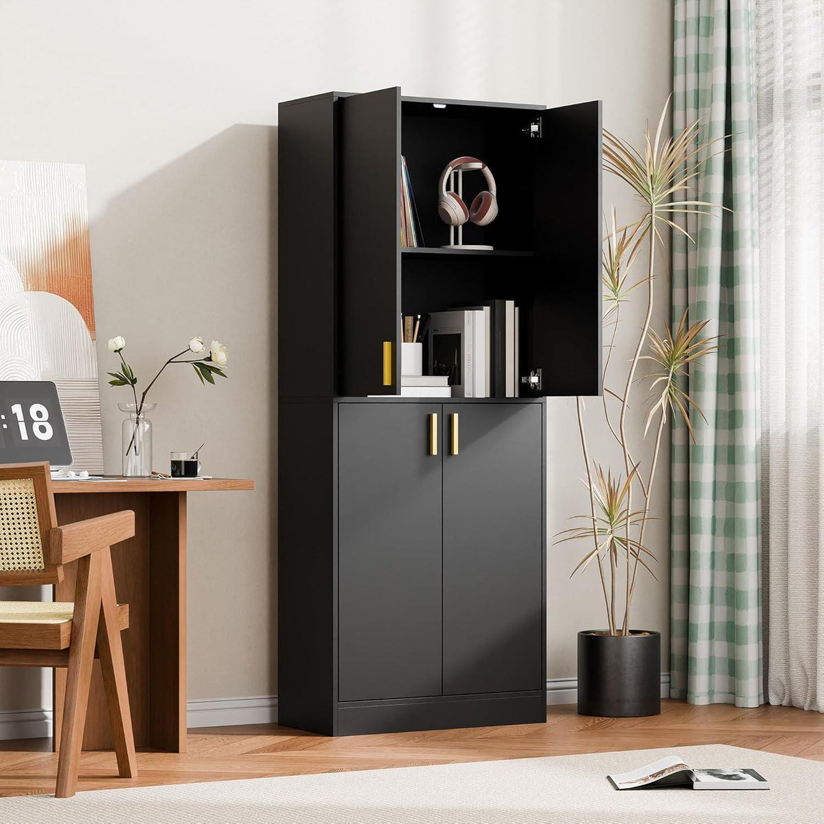 Tall Black Storage Cabinet, Modern Minimalist Freestanding Cupboard, Adjustable Shelves